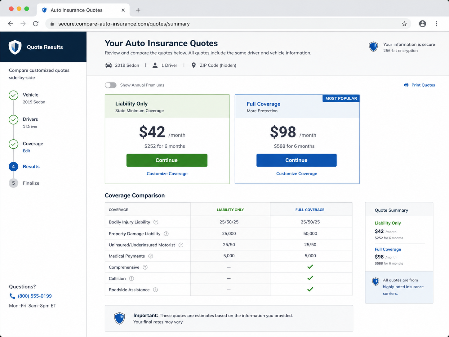Auto insurance quote comparison showing premium difference between liability-only and full coverage options