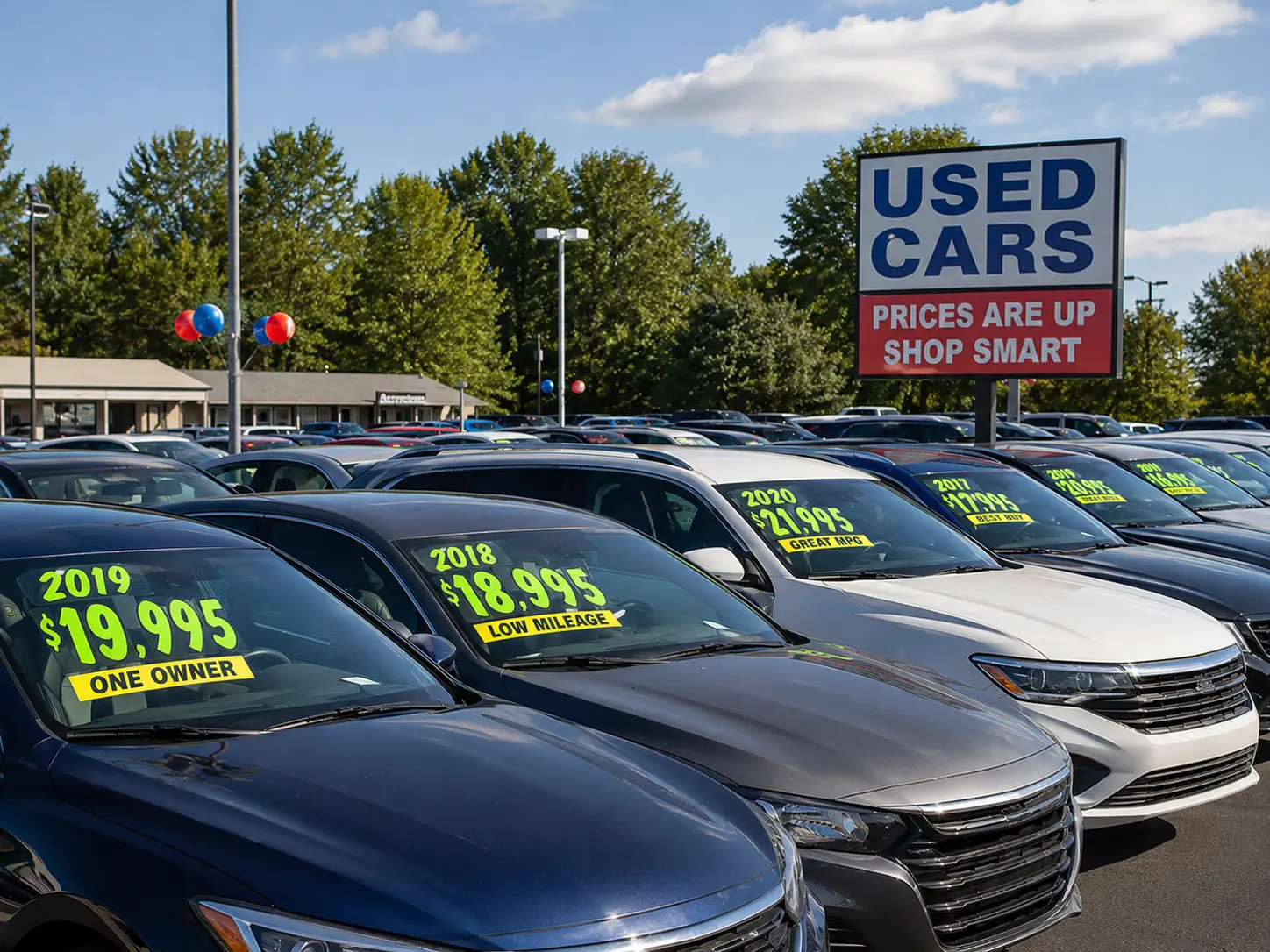 Used car lot with rows of vehicles and price signs at a dealership