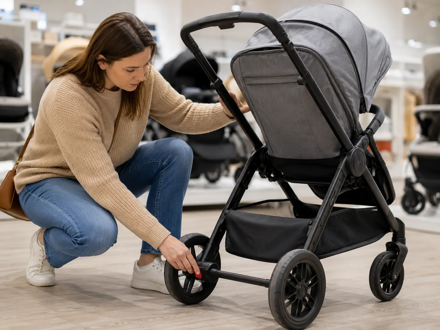 Parent testing stroller brake before purchase in store