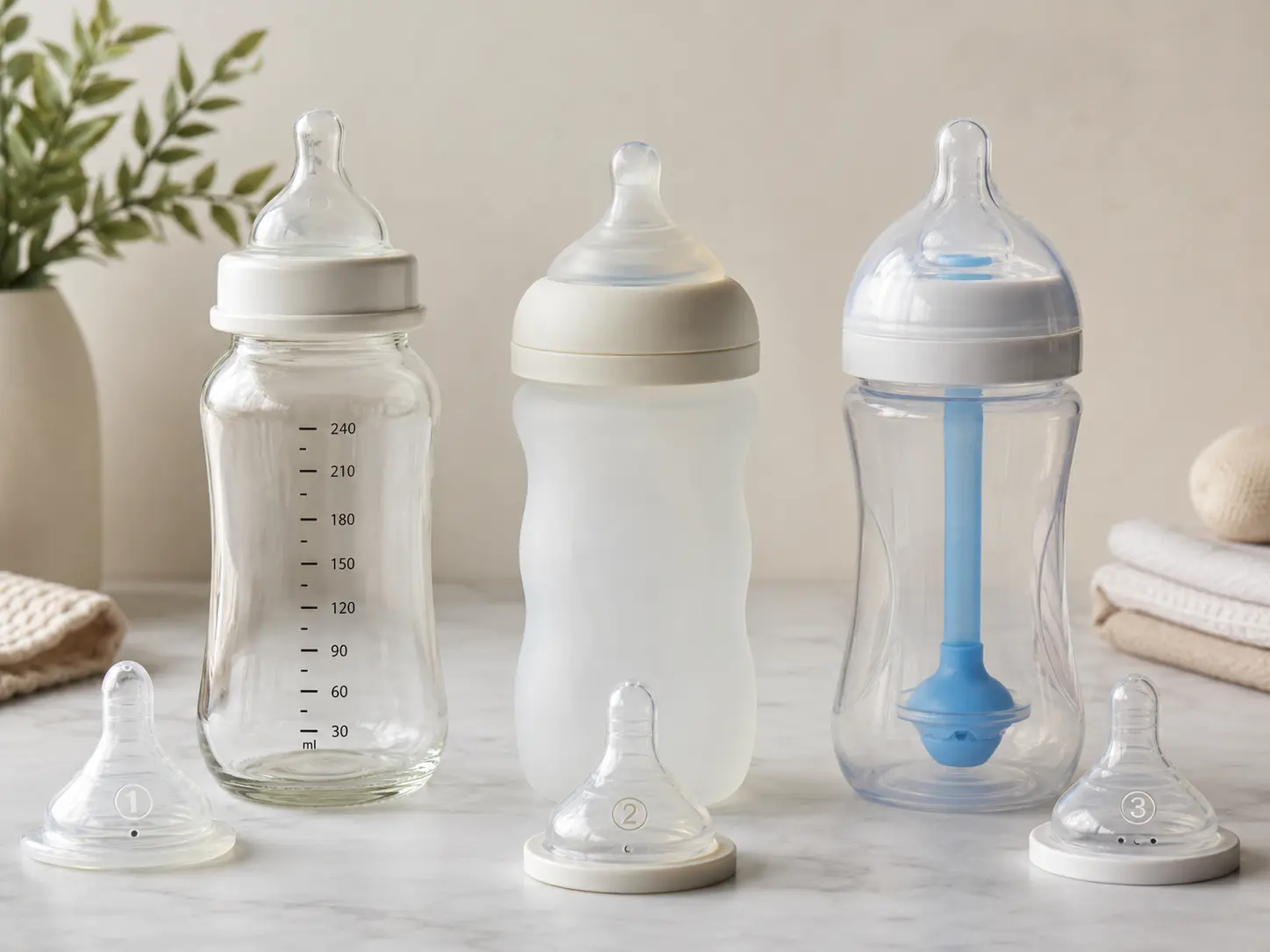 Baby bottle comparison: glass vs silicone, different nipple flow rates