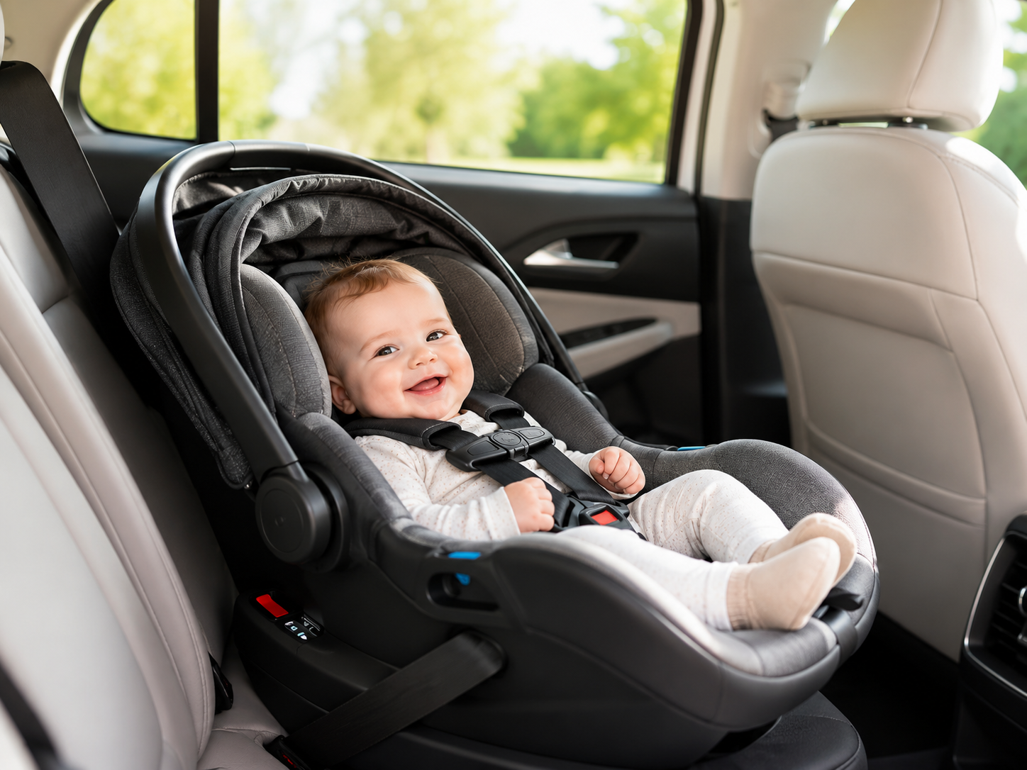 Baby properly secured in rear-facing infant car seat &mdash; car seat safety guide 2026