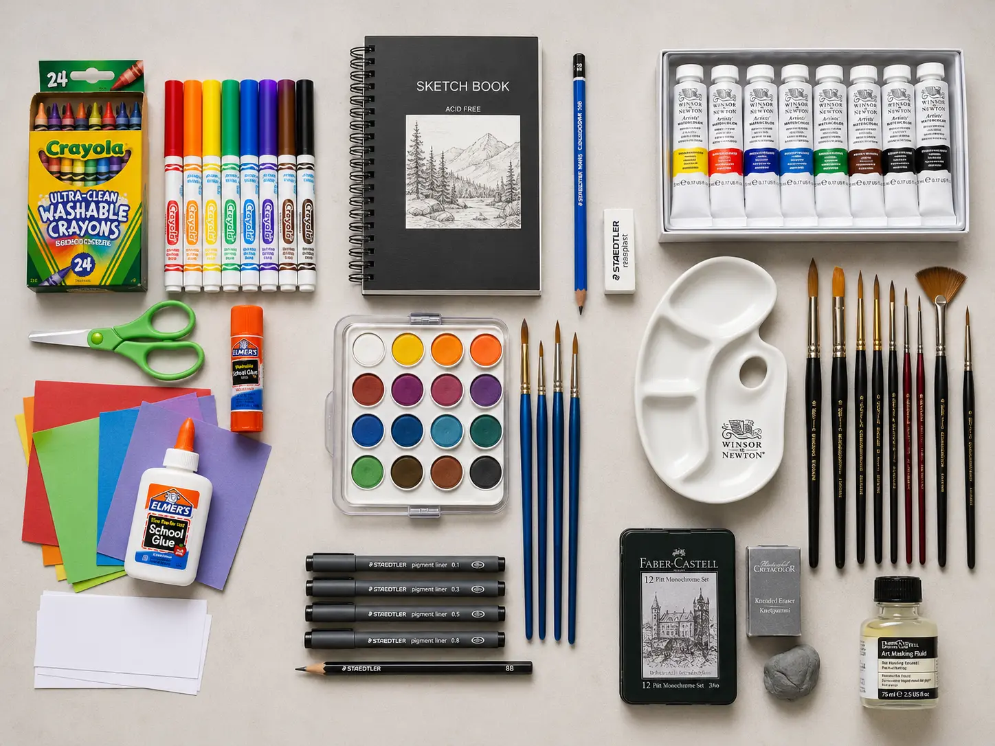 Side-by-side comparison of children's, student-grade, and professional art supplies Side-by-side comparison of children's, student-grade, and professional art supplies
