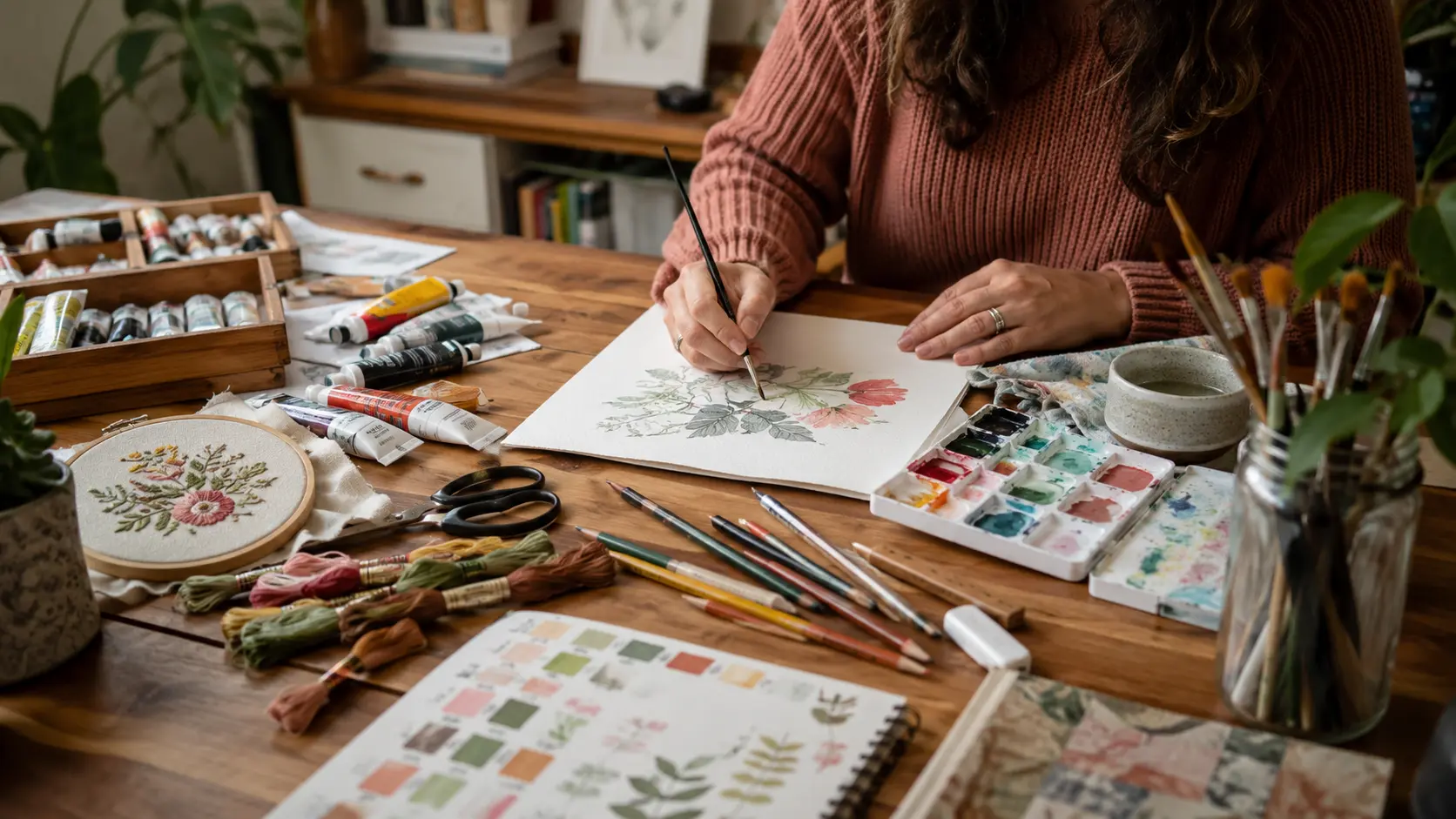 Art and craft supplies laid out on a wooden work table — paints, brushes, scissors, and paper Art and craft supplies laid out on a wooden work table — paints, brushes, scissors, and paper