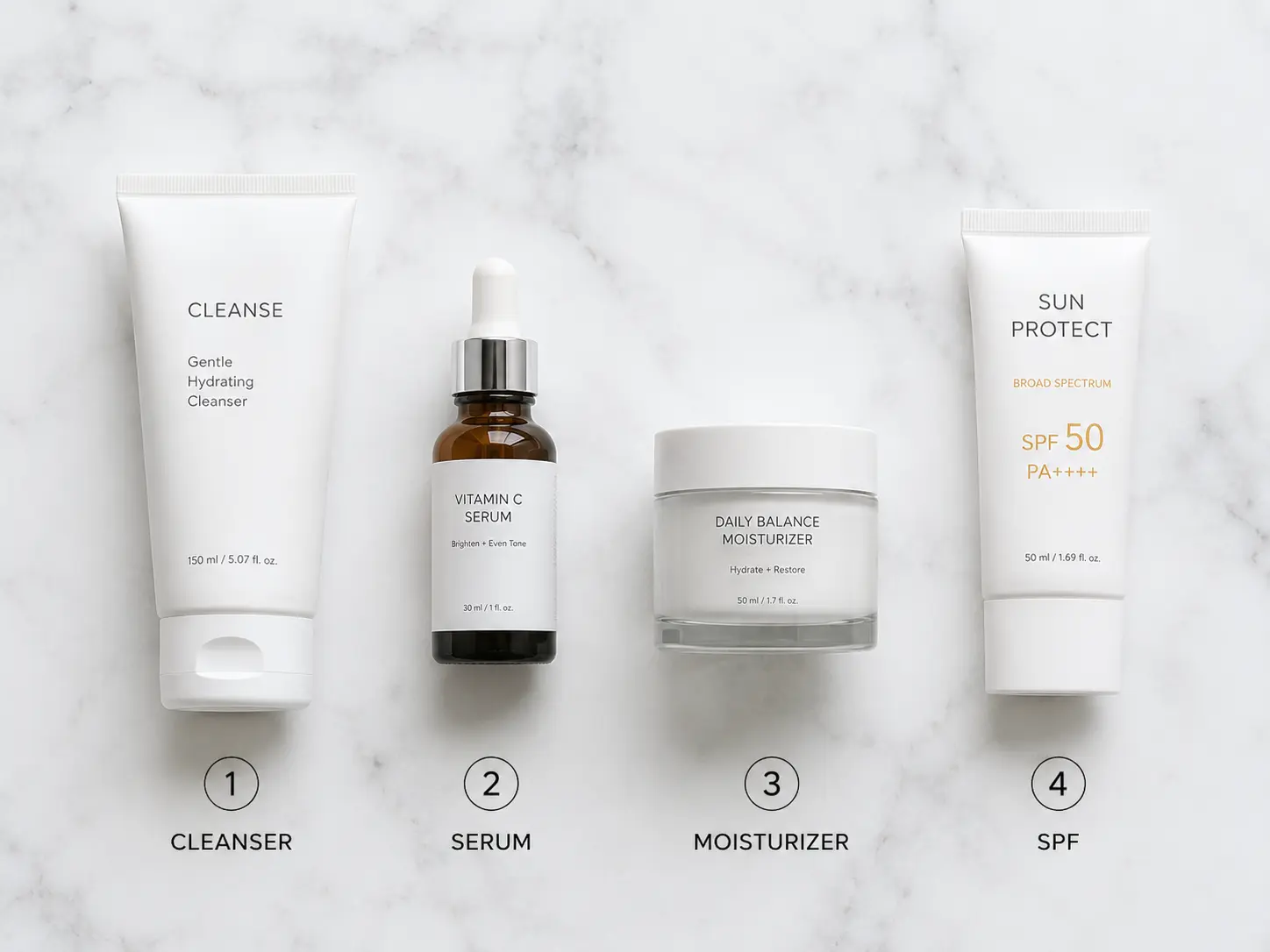 Minimalist skincare routine products laid flat &mdash; serum, moisturizer, SPF 2026