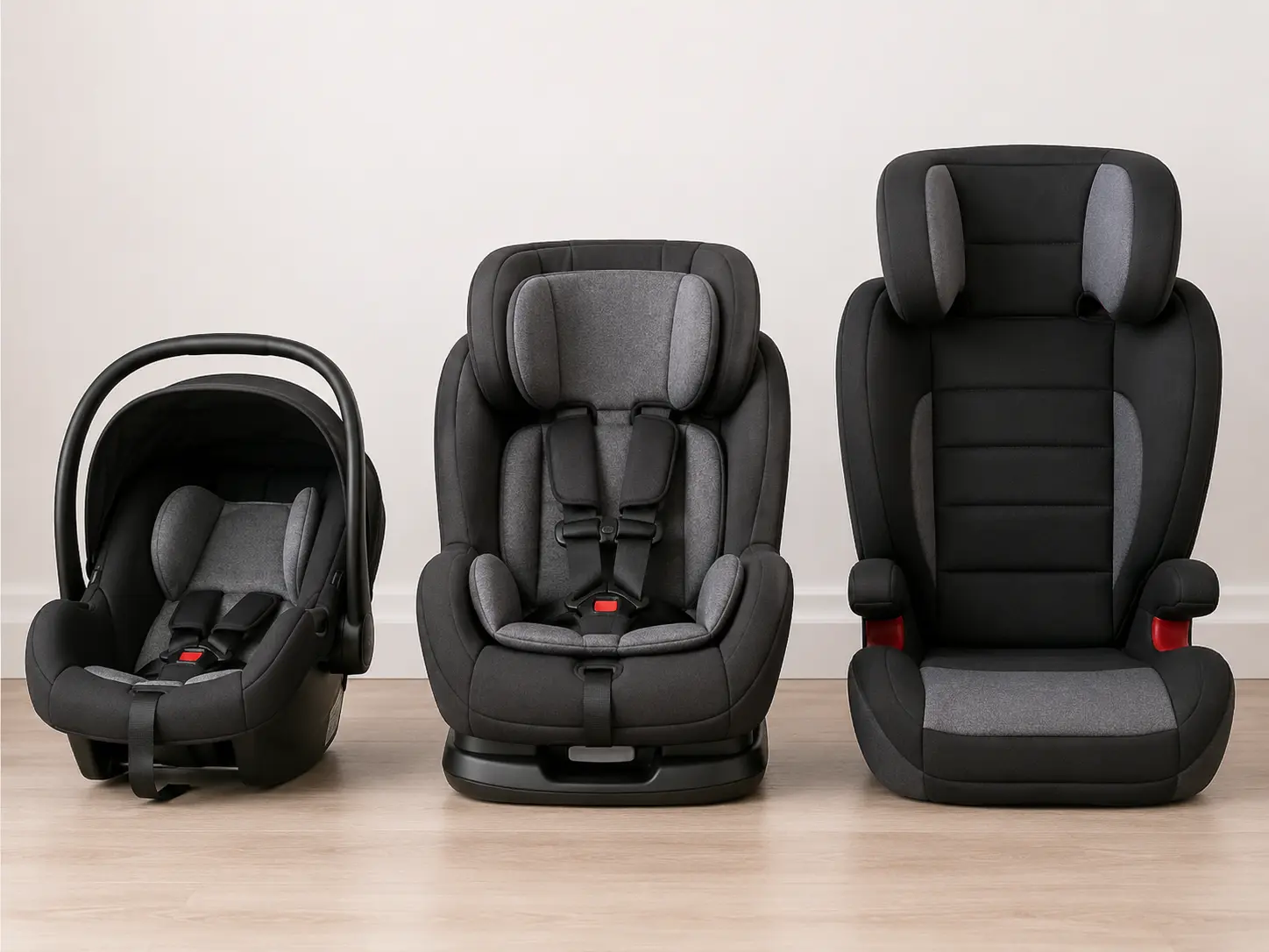 Three types of car seats compared: infant-only, convertible, and all-in-one