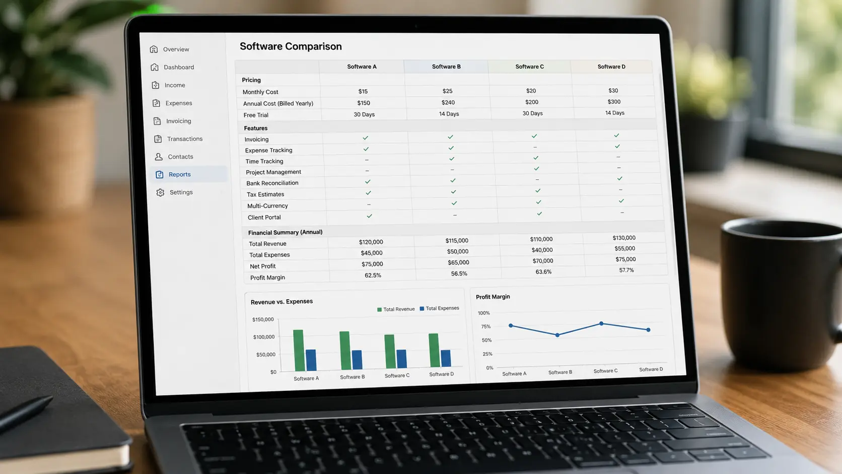 Financial dashboard comparison on laptop screen — freelance accounting software options Financial dashboard comparison on laptop screen — freelance accounting software options