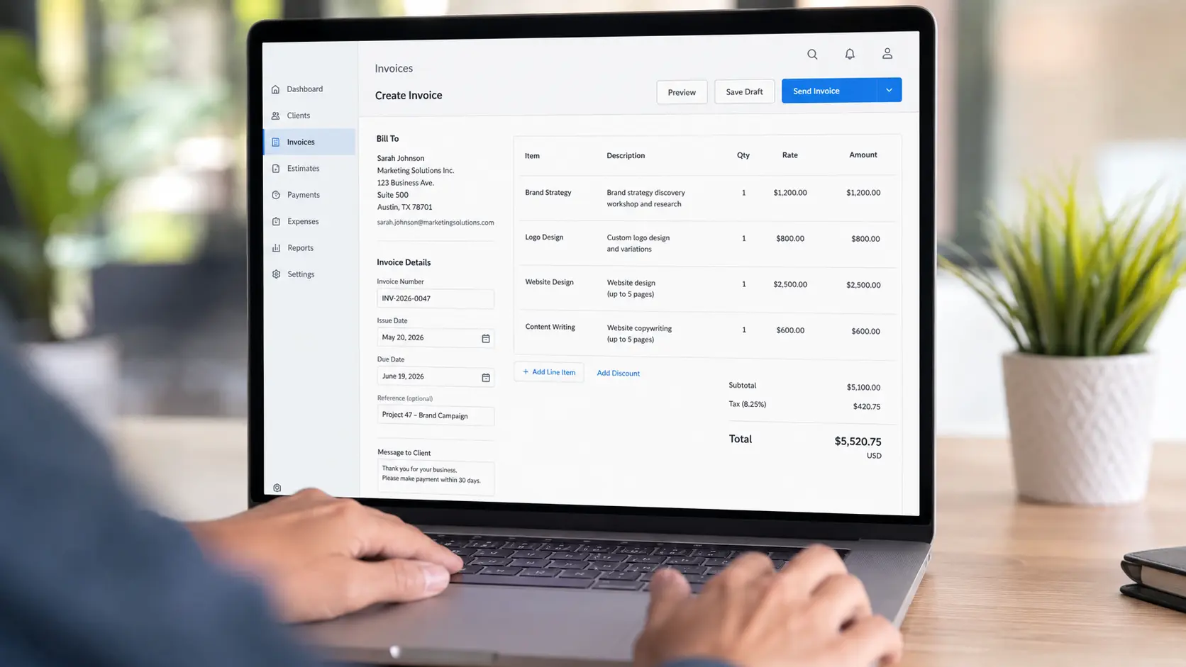 Freelancer creating professional invoice on accounting software — FreshBooks 2026 Freelancer creating professional invoice on accounting software — FreshBooks 2026