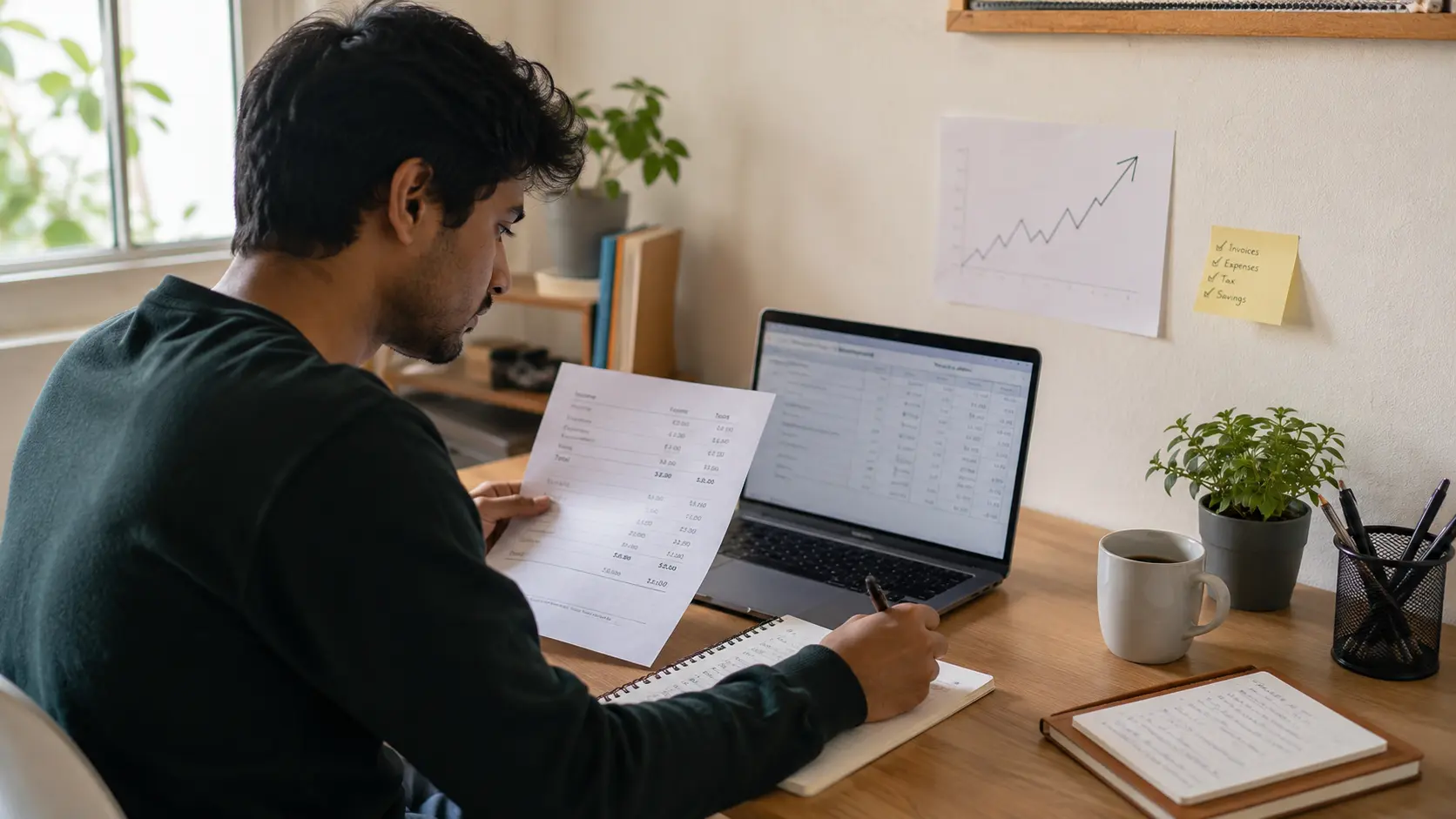 New freelancer at desk tracking income and expenses — early stage bookkeeping New freelancer at desk tracking income and expenses — early stage bookkeeping