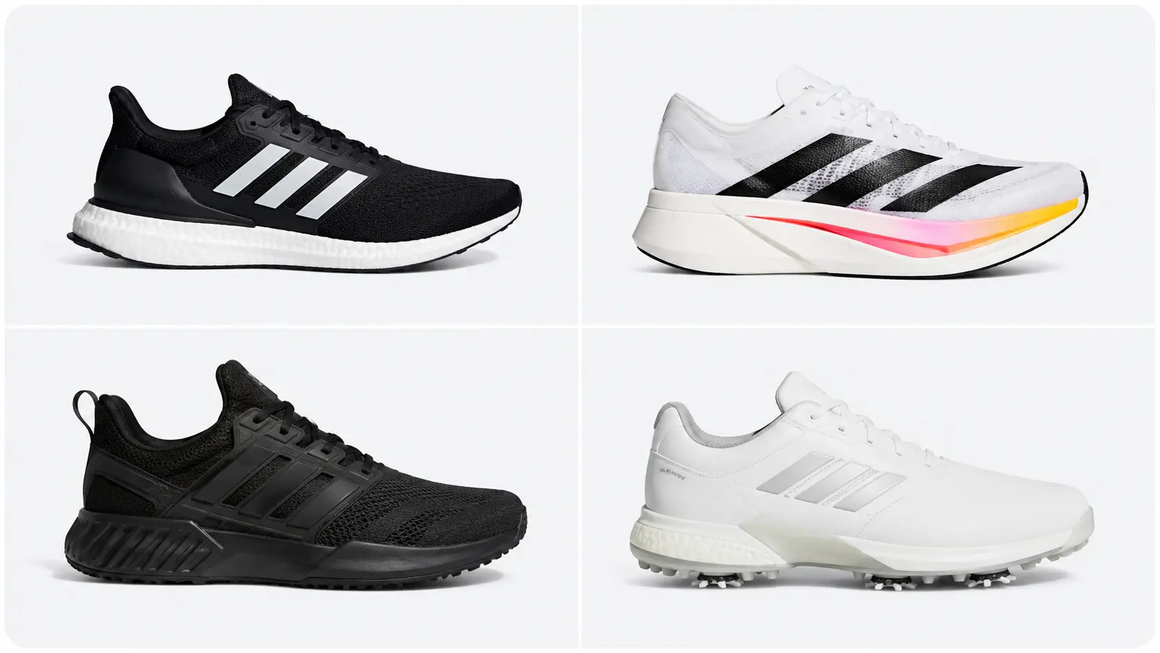 Adidas shoe comparison collage showing running, racing, training and golf shoes for different use cases