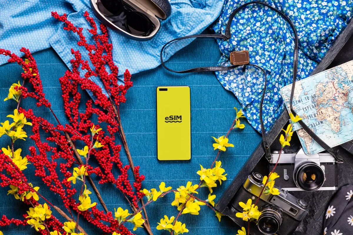 Travel essentials flat lay with smartphone, passport, and map