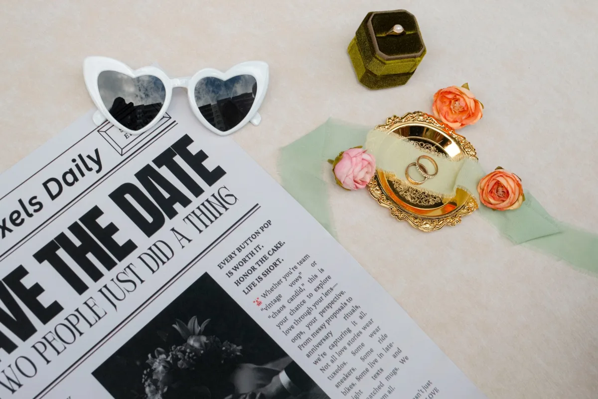 Wedding rings, flowers, and sunglasses arranged on a newspaper flat lay