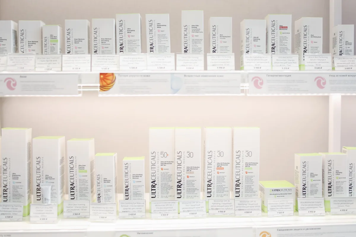 Skincare products neatly arranged on store shelves