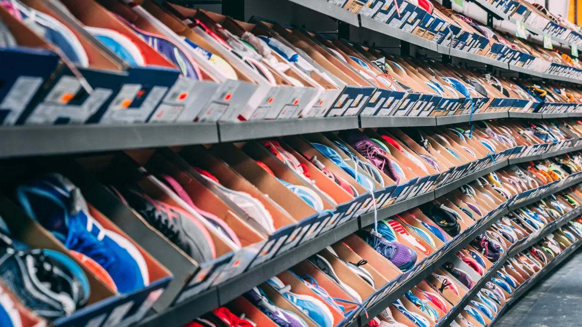 Colorful sneakers displayed on store shelves