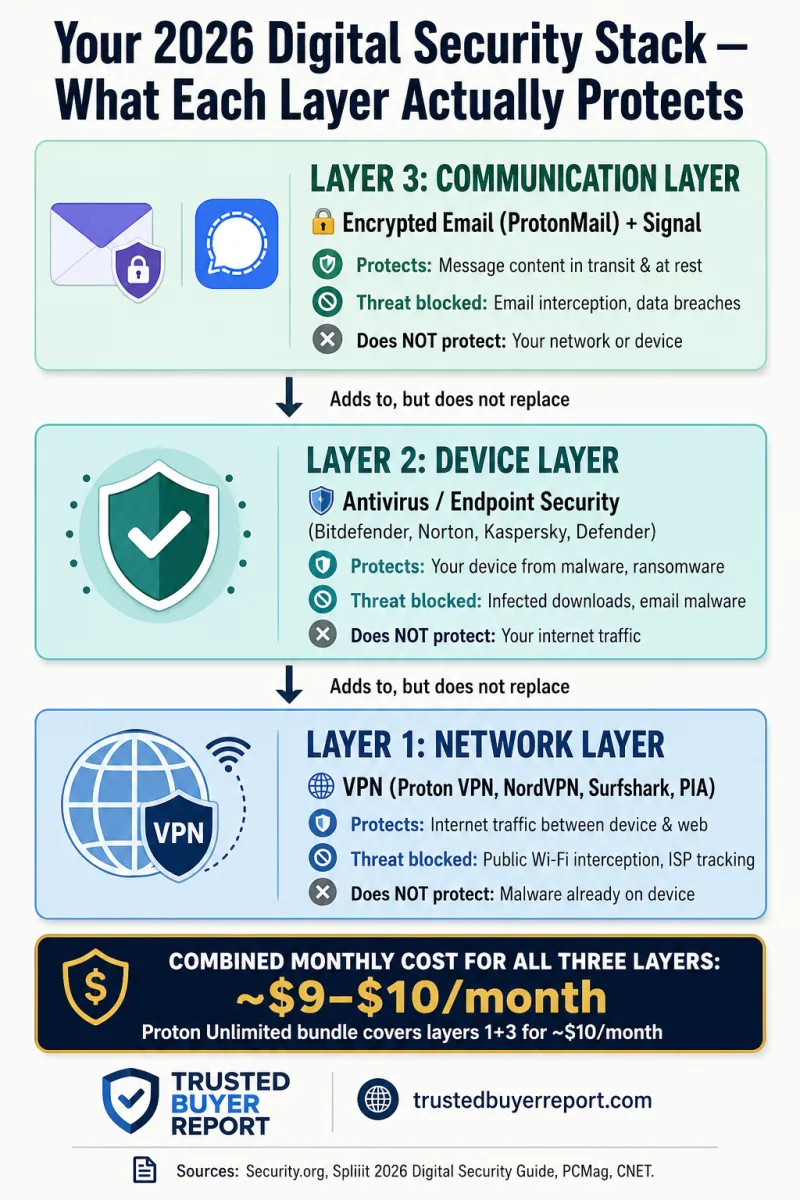 Infographic showing the three layers of a 2026 digital security stack: VPN for network protection, antivirus for device protection, and encrypted email for communication security.