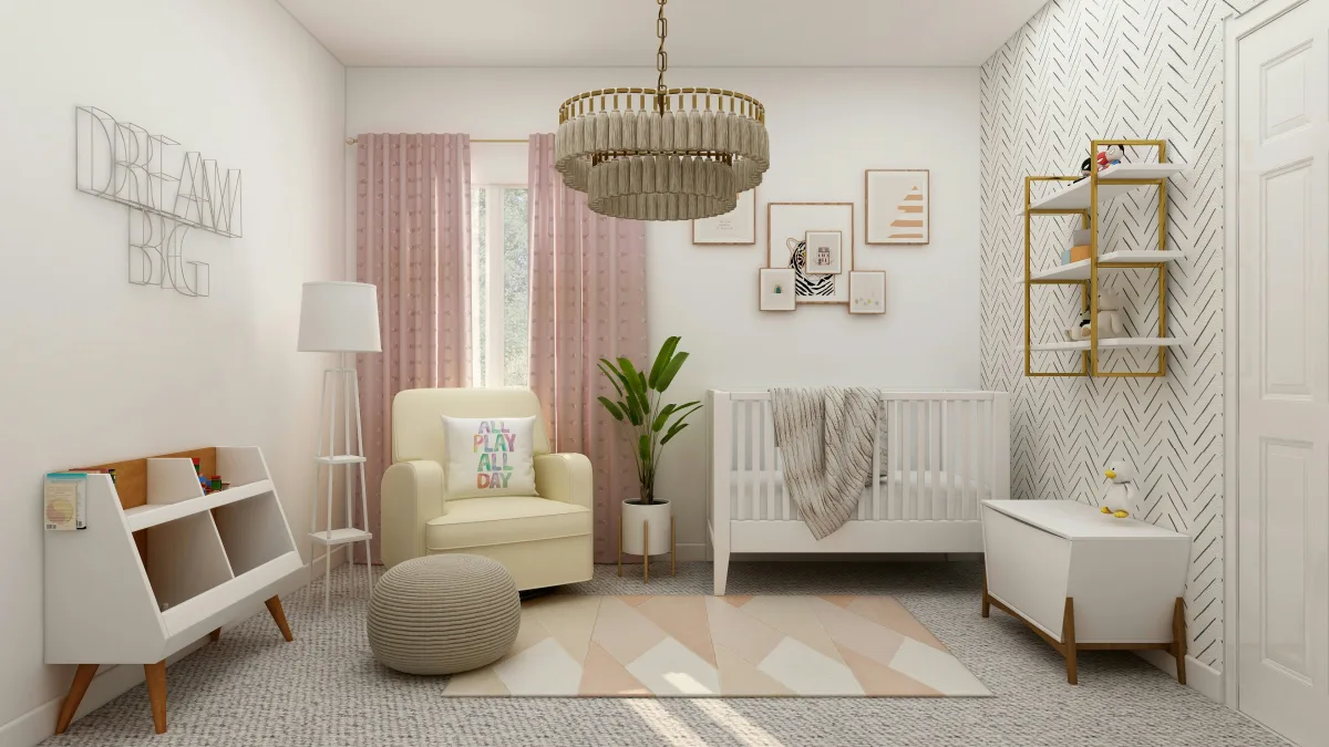 Modern nursery room with white glider chair and natural wood accents near a sunny window