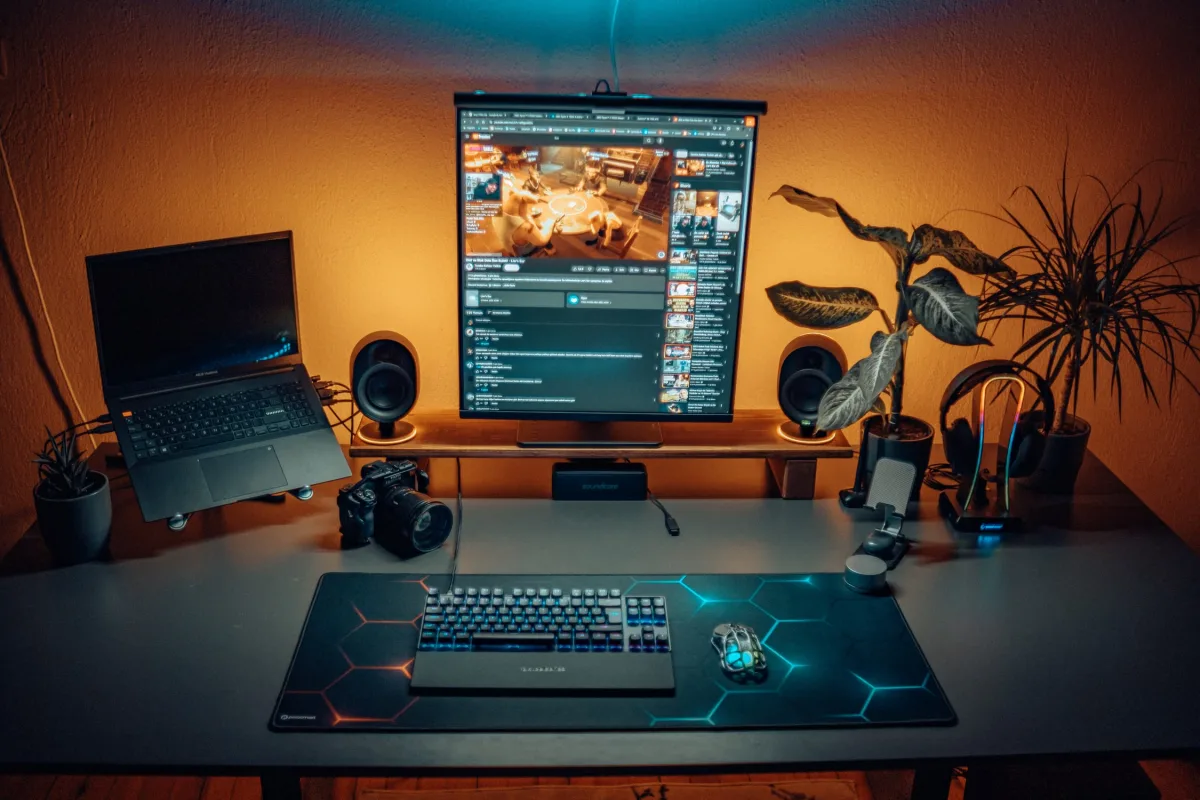 Modern home office desk setup with webcam, laptop, screen, and plants