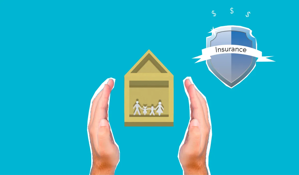Illustration of a person protecting a home under a shield symbolizing insurance coverage