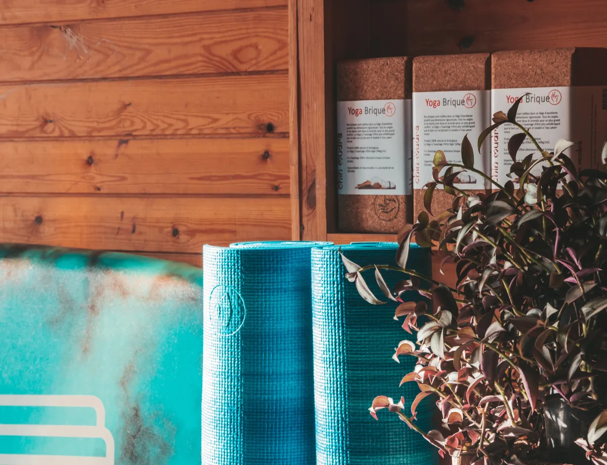 Yoga studio with blue mats cork bricks and plants emphasizing natural materials