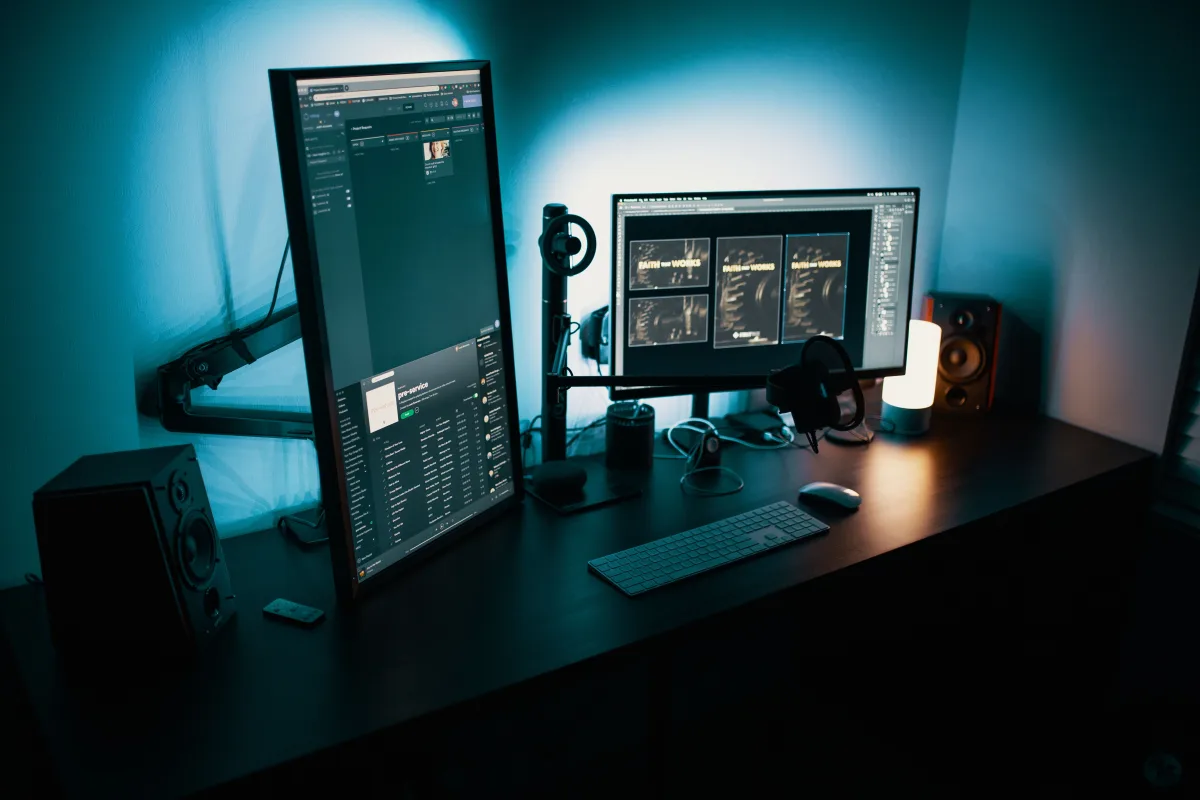 Dual monitor desk setup for a home office or creative workstation