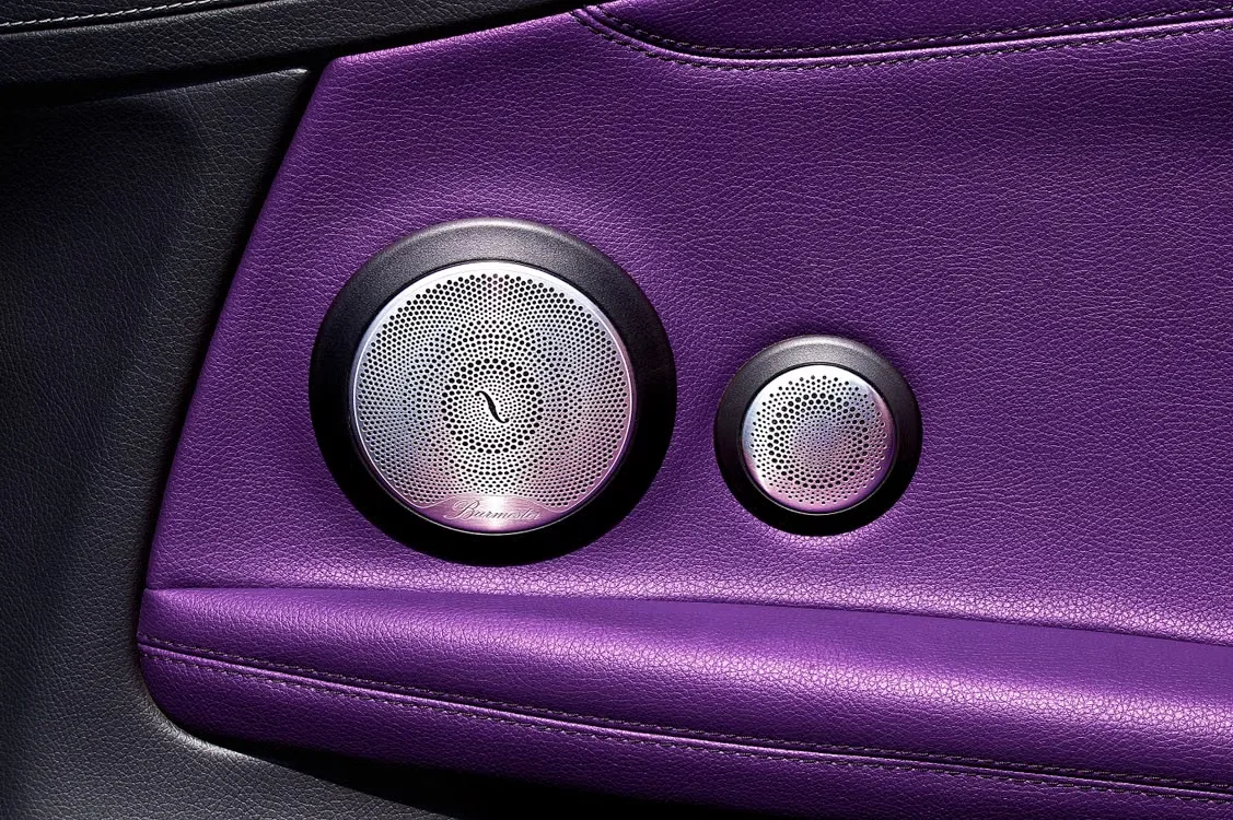 Premium car speaker with purple leather door panel accent