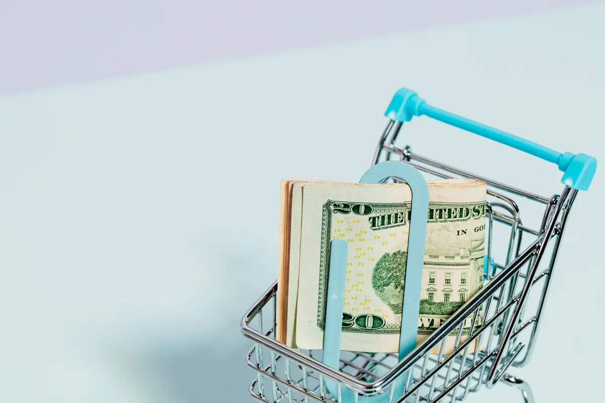 Shopping cart containing US dollar bills on white background