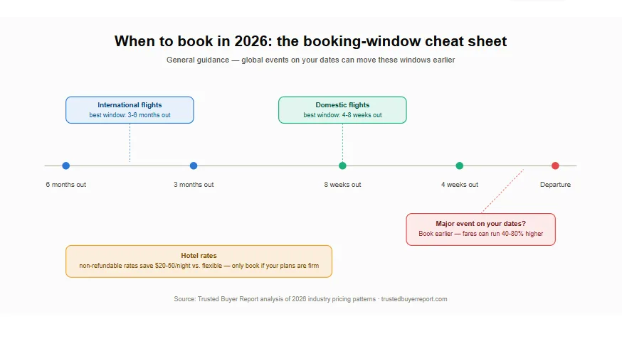 Timeline showing best booking windows for domestic and international flights and hotels in 2026