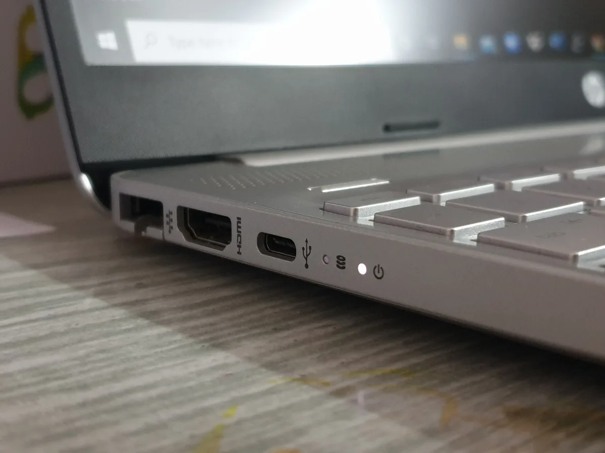 Close-up of laptop ports including USB-C, USB-A, and HDMI