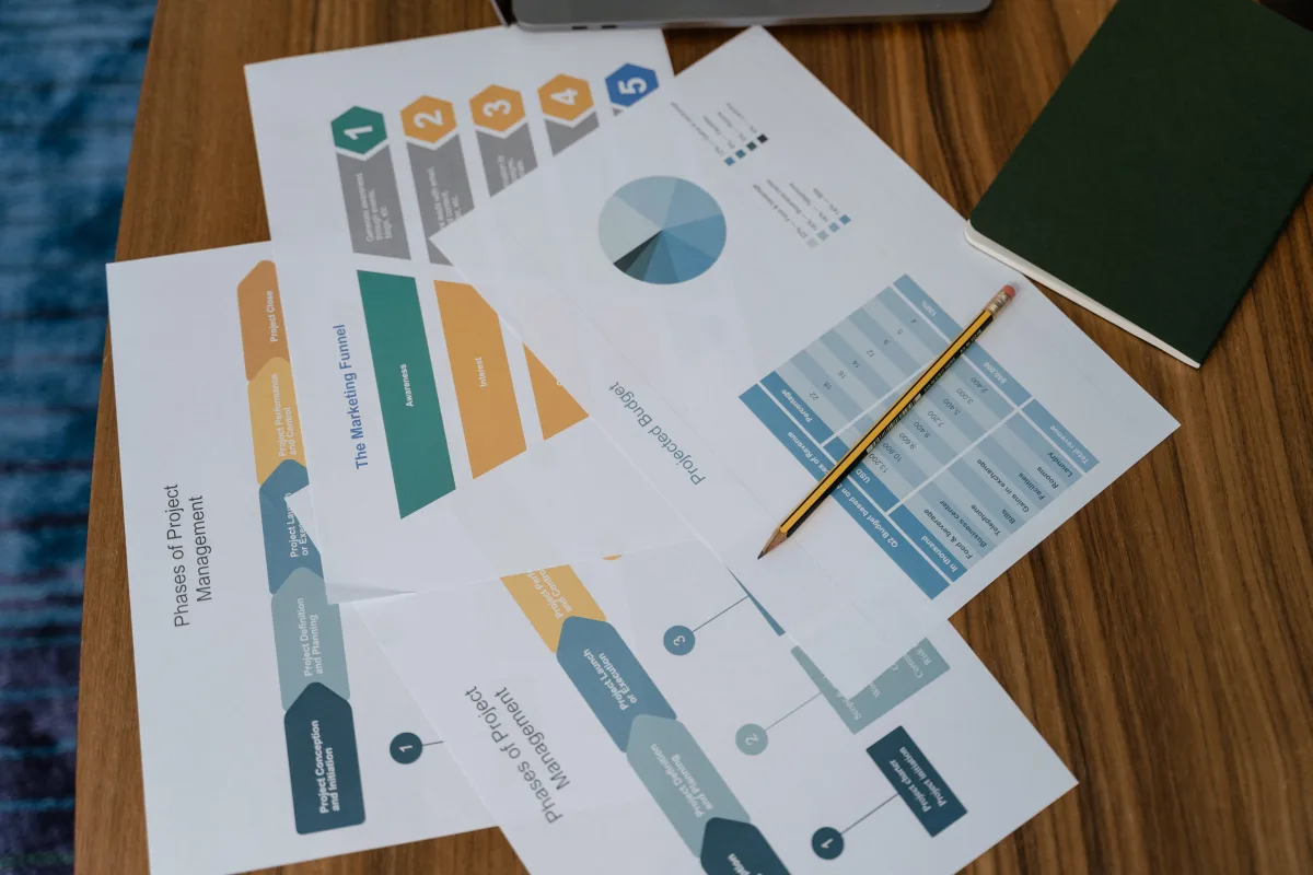 Overhead view of project management documents and charts on a desk