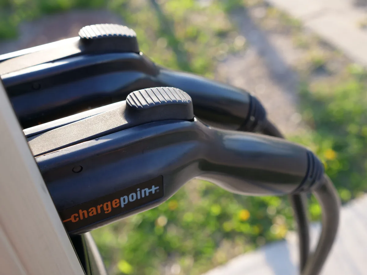 ChargePoint EV charging plugs at an outdoor public charging station