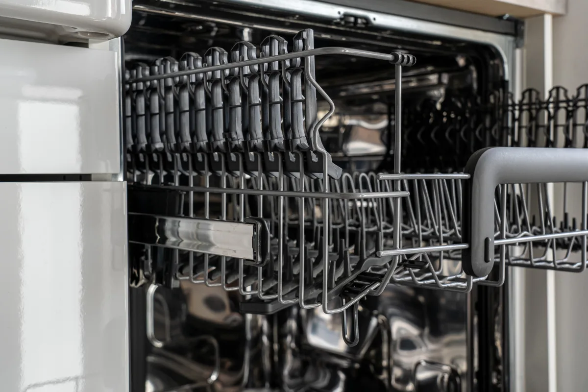 Modern stainless steel dishwasher rack interior
