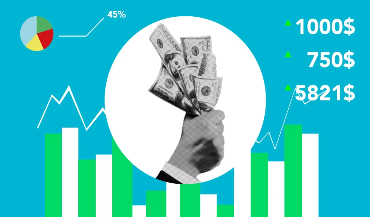Cardboard appliques representing hand with dollar banknotes above chart