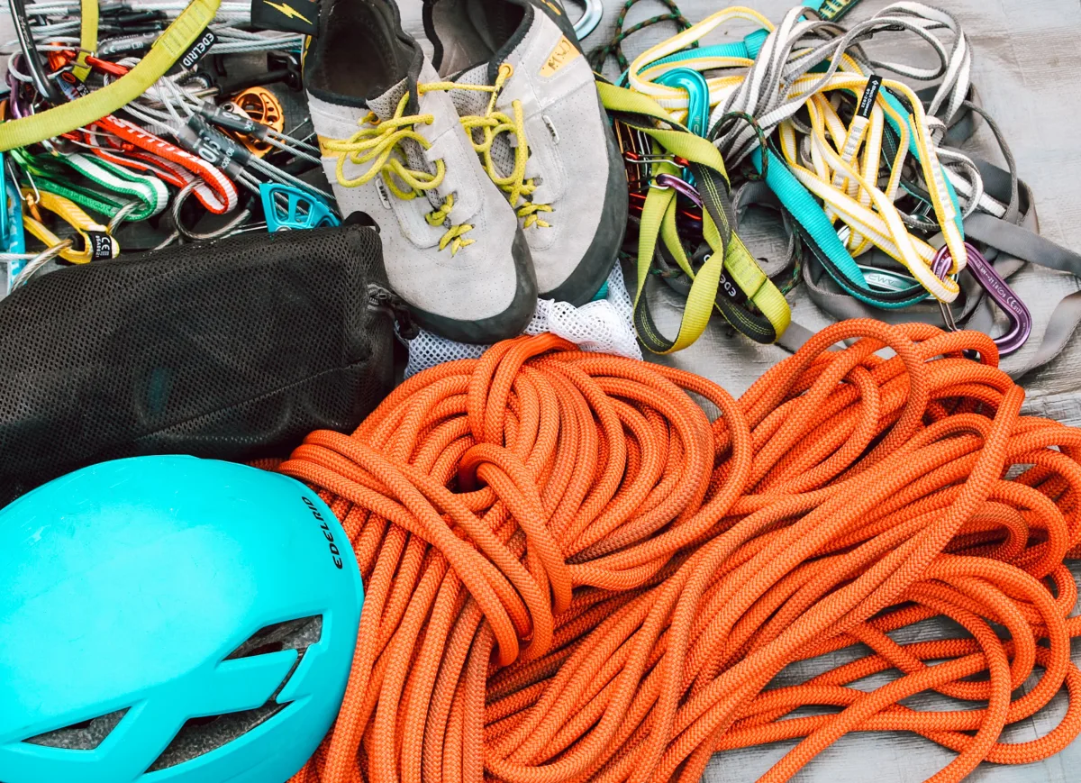 Close-up of waterproof hardshell jacket and climbing gear