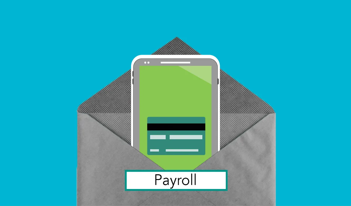 Payroll mobile app envelope illustration on blue background