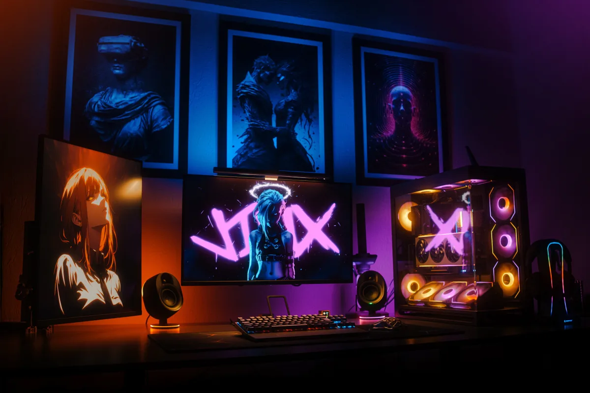 Stylish gaming setup with neon lighting and multiple screens — gaming laptop vs desktop comparison 2026