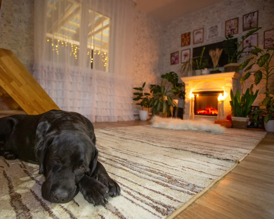 Labrador resting on rug in warm living room