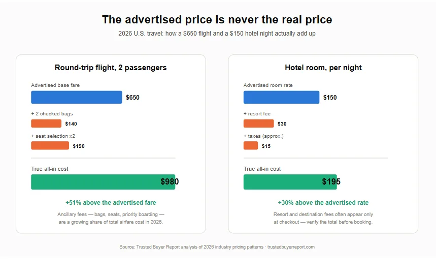 Bar chart comparing advertised price vs true all-in cost for a flight and a hotel night
