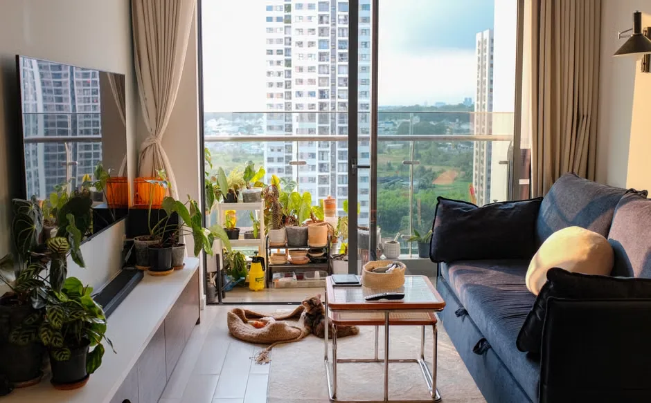Bright large living room with balcony garden view