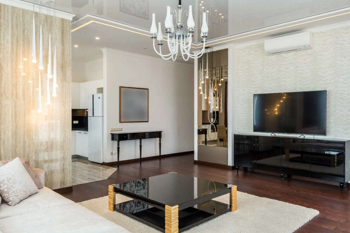 Stylish modern living room with low-profile media console