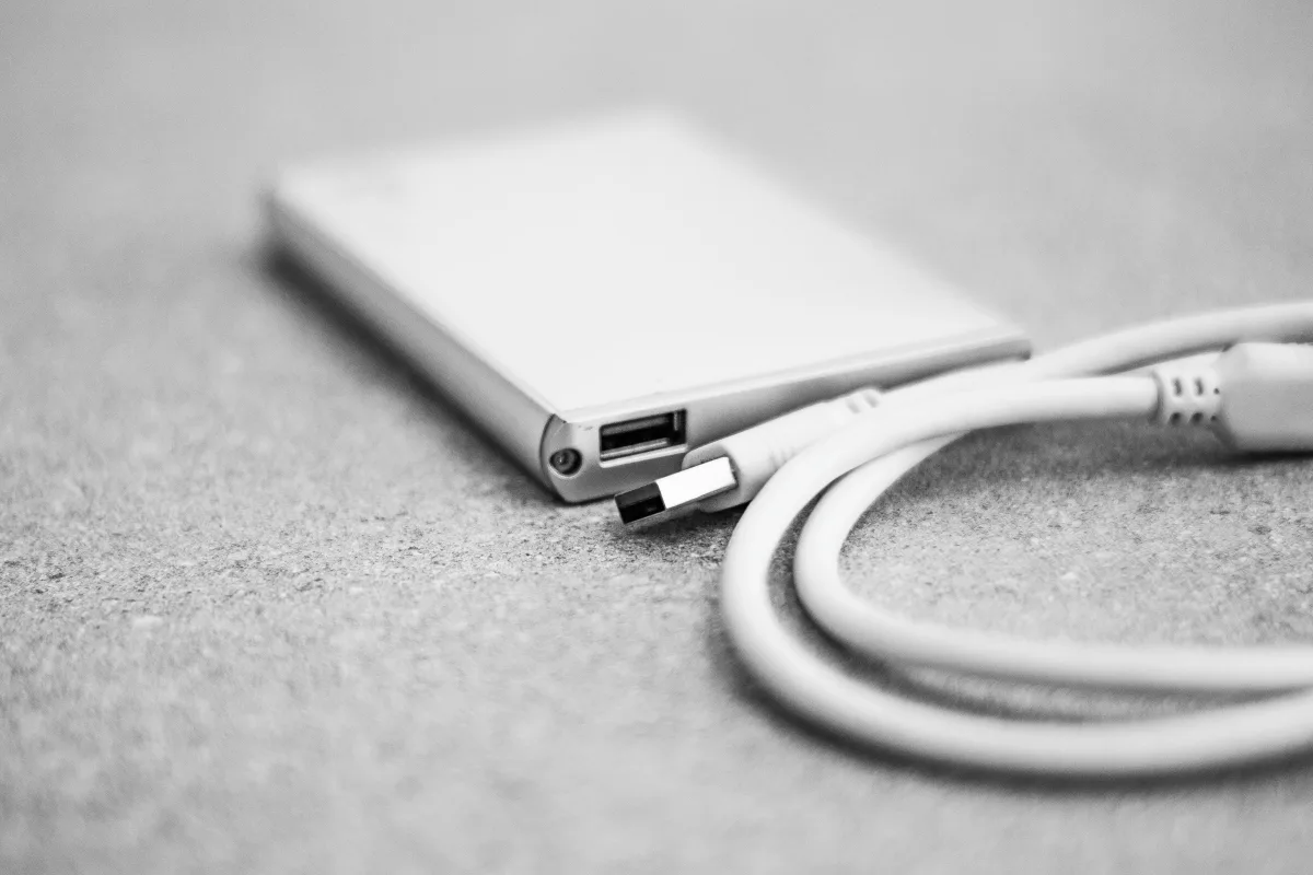 External hard drive with USB cable — HDD format for backup and archival