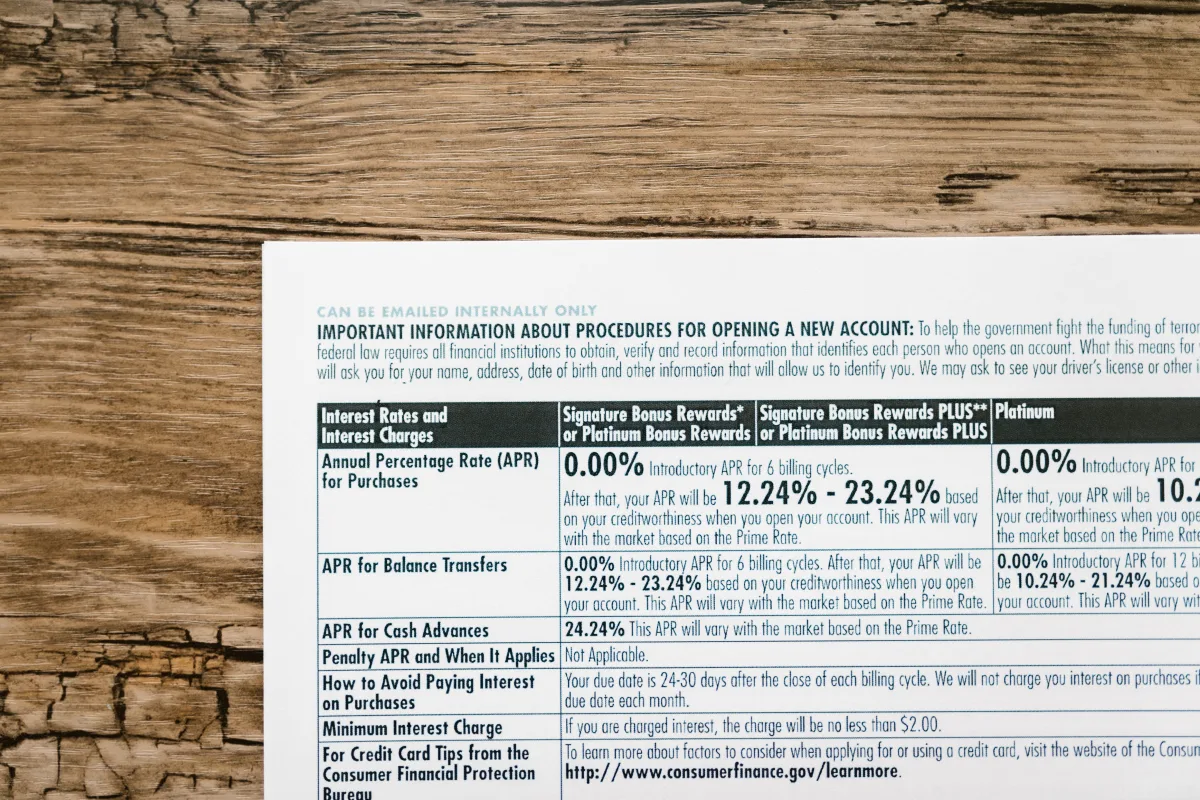 Financial document showing interest rate terms on a desk