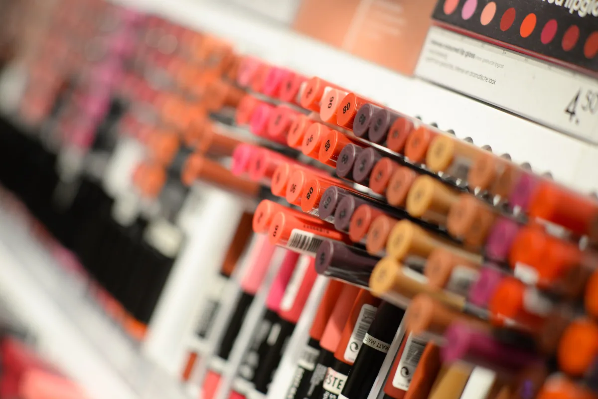 Colorful lipstick display in a beauty retail store
