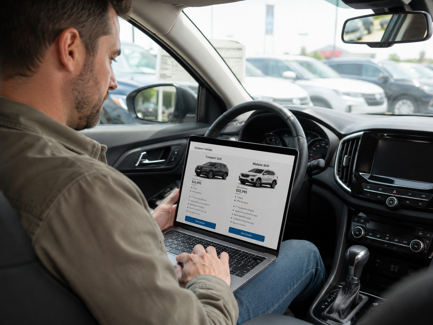 Car buyer researching vehicle options on a laptop inside a car dealership
